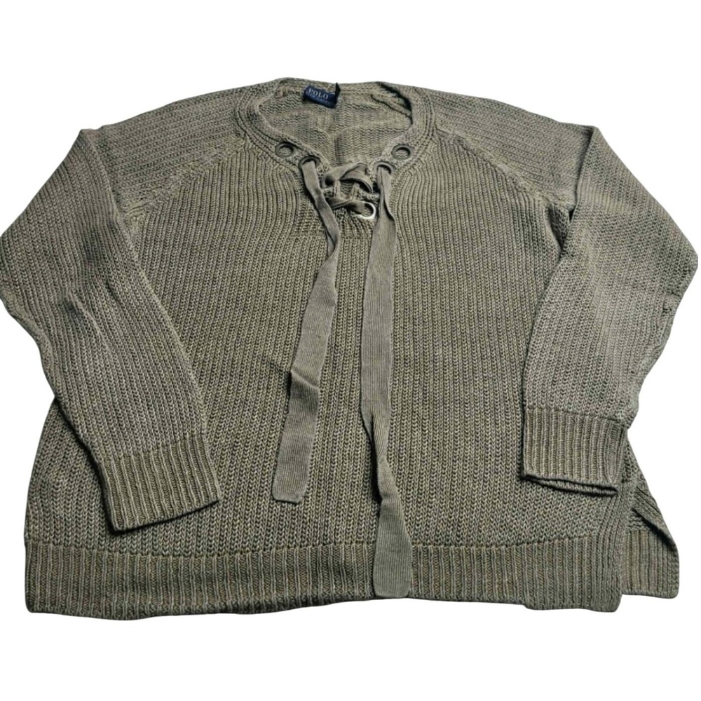 Polo Ralph Lauren‎ Women's Taupe Lace Up Sweater Size Medium 100% Linen
